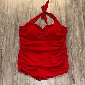 Suddenly Slim Red Halter Ruched One-Piece Swimsuit